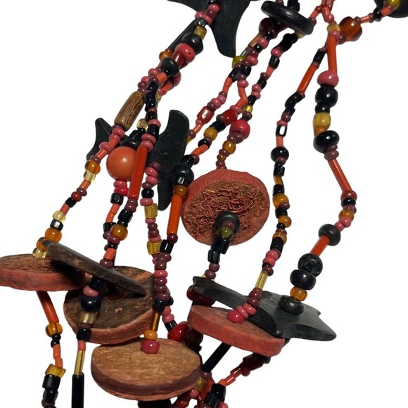 Handmade Multilayer Red & Black Beaded Necklace With Wooden Accents A583 - Picture 4 of 5